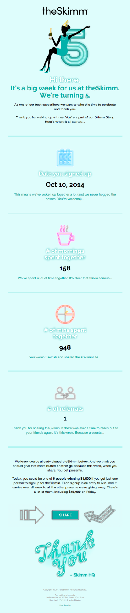 A personalized milestone email by theSkimm