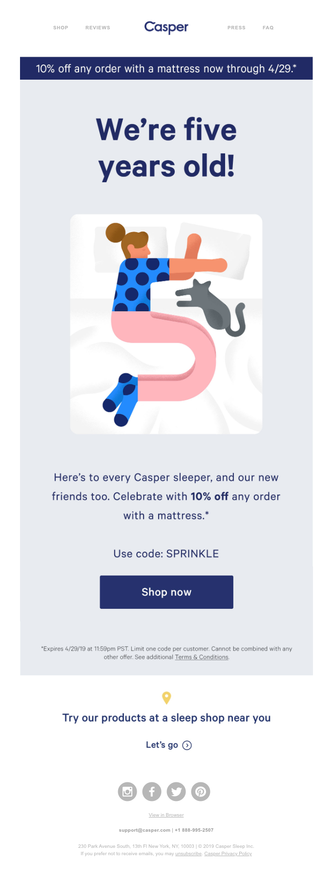 A milestone email with a 10% discount coupon by Casper