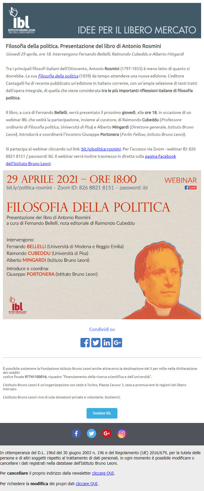 Email with an invitation to a webinar by Bruno Leoni Institute