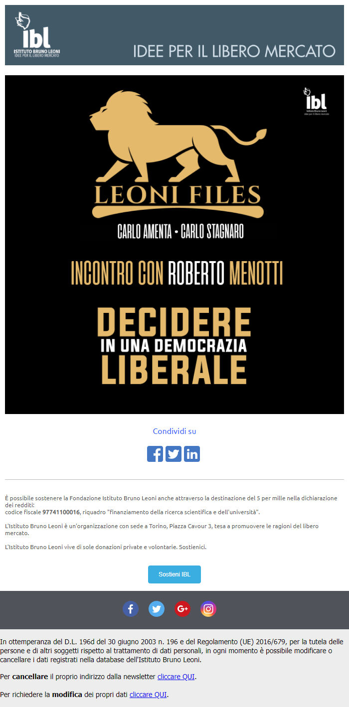 An email with an promo for an event by Bruno Leoni Institute